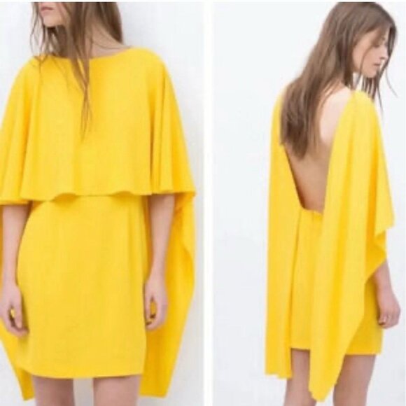 ZARA Women's Open Back Yellow Ruffle Cape Mini Dress Size Small Modest‎ - Picture 2 of 12